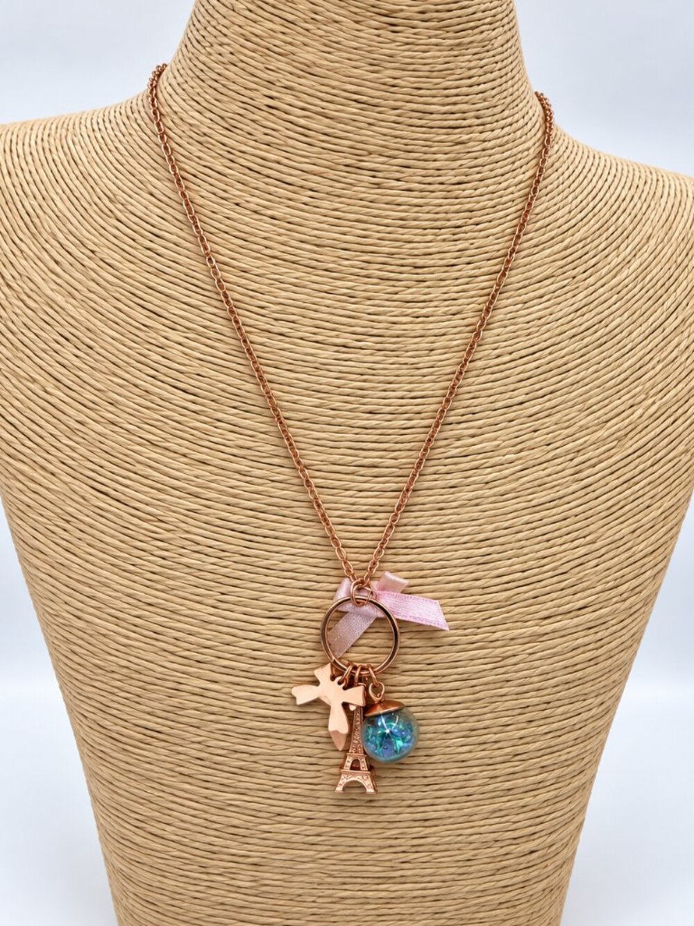 Rose Gold Eiffel Tower Charm Necklace Paris Bow Globe Travel Jewelry